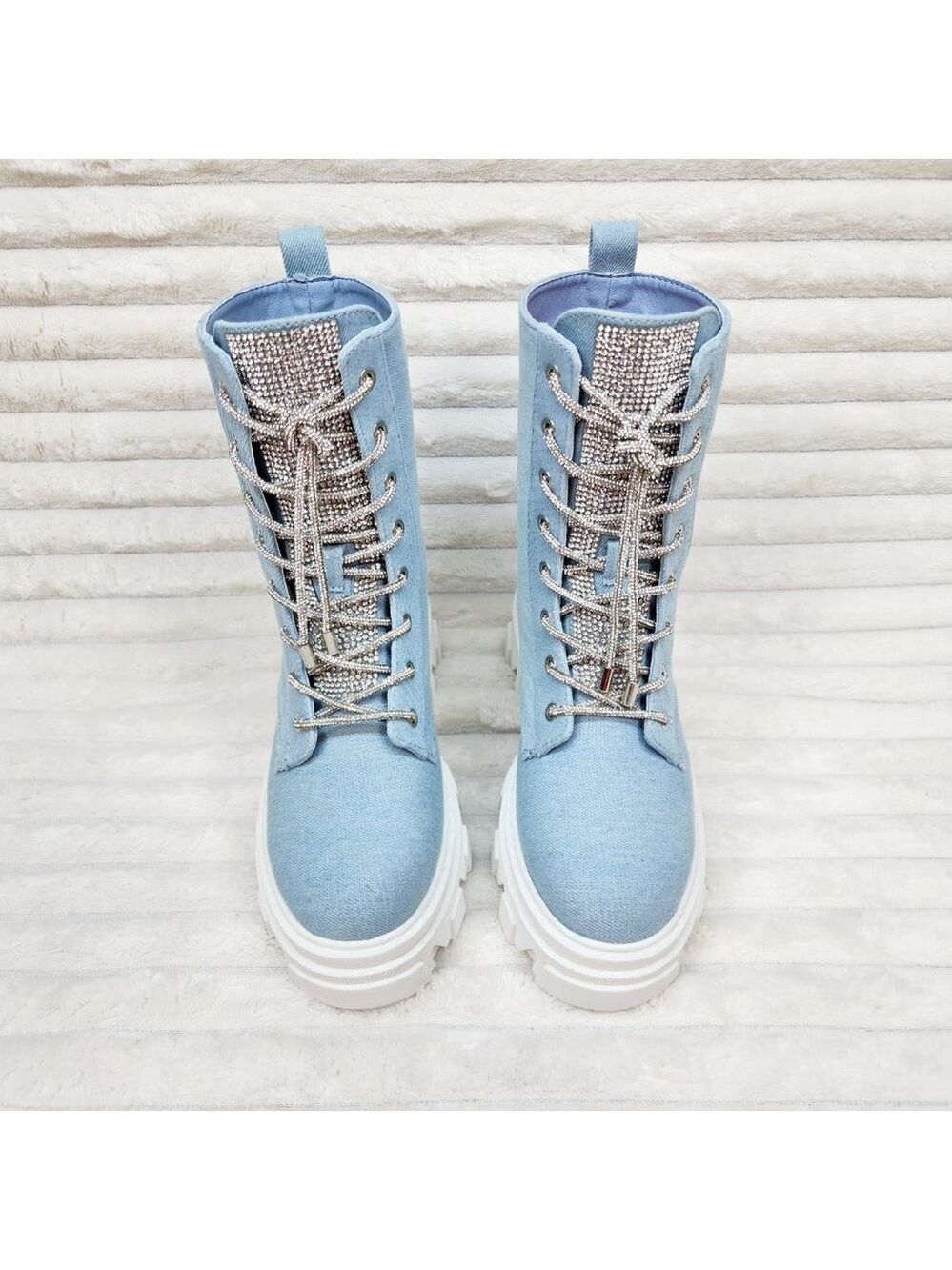 Rowan Denim Combat Ankle Boots Iridescent Rhinestone Tongue and Rope Laces